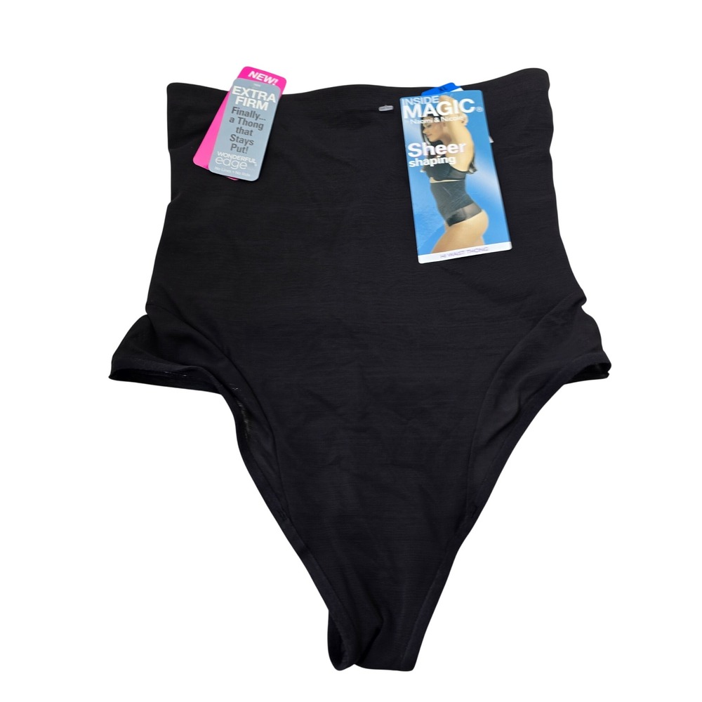 Naomi & Nicole Inside Magic Hi Waist Thong Womens XL Black Sheer Shapewear New